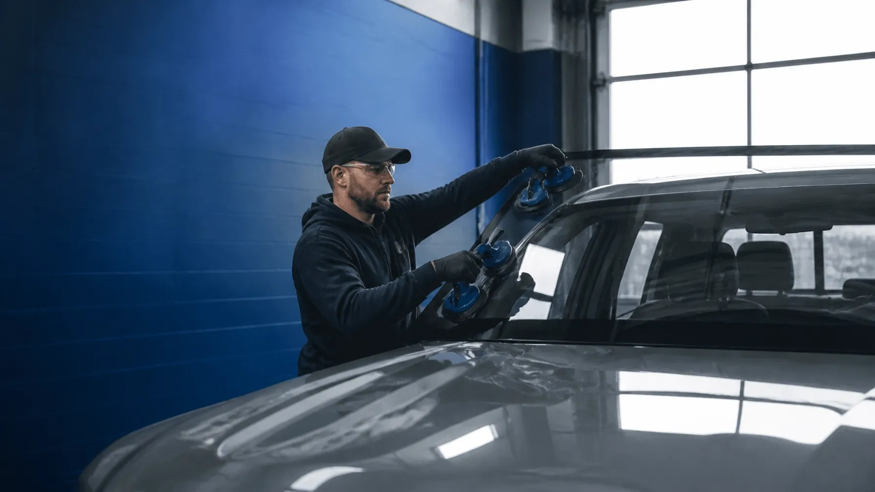 Technician installing a replacement windshield in a service bay