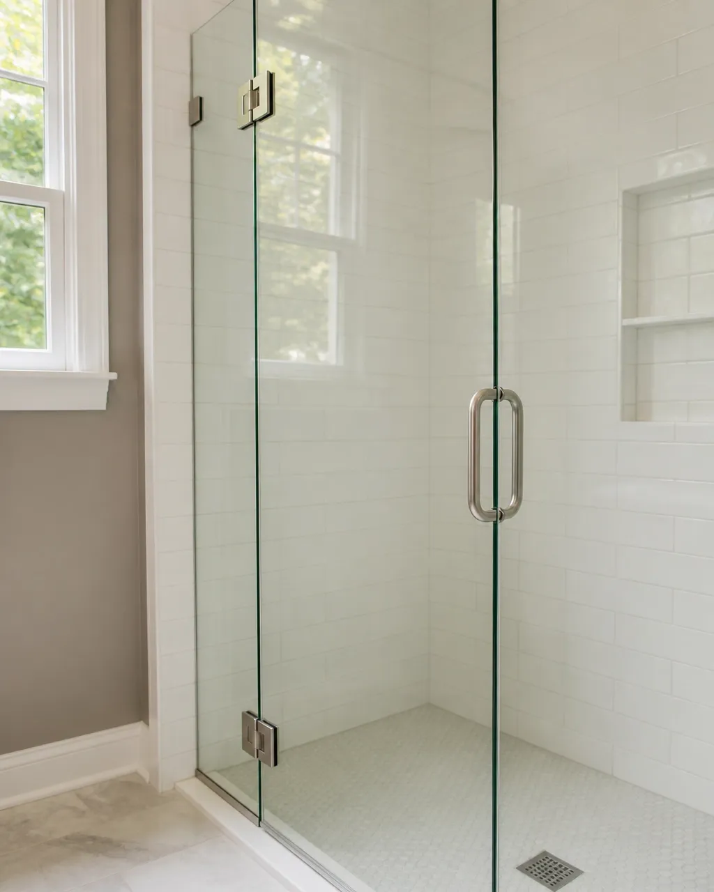 Glass shower door hardware and enclosure detail in Central Illinois