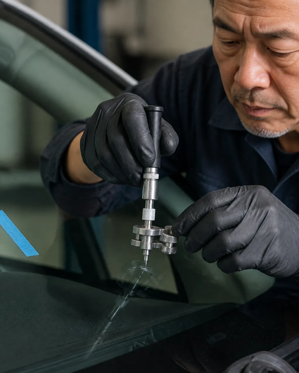 Auto glass technician working beside a vehicle in a Springfield service setting